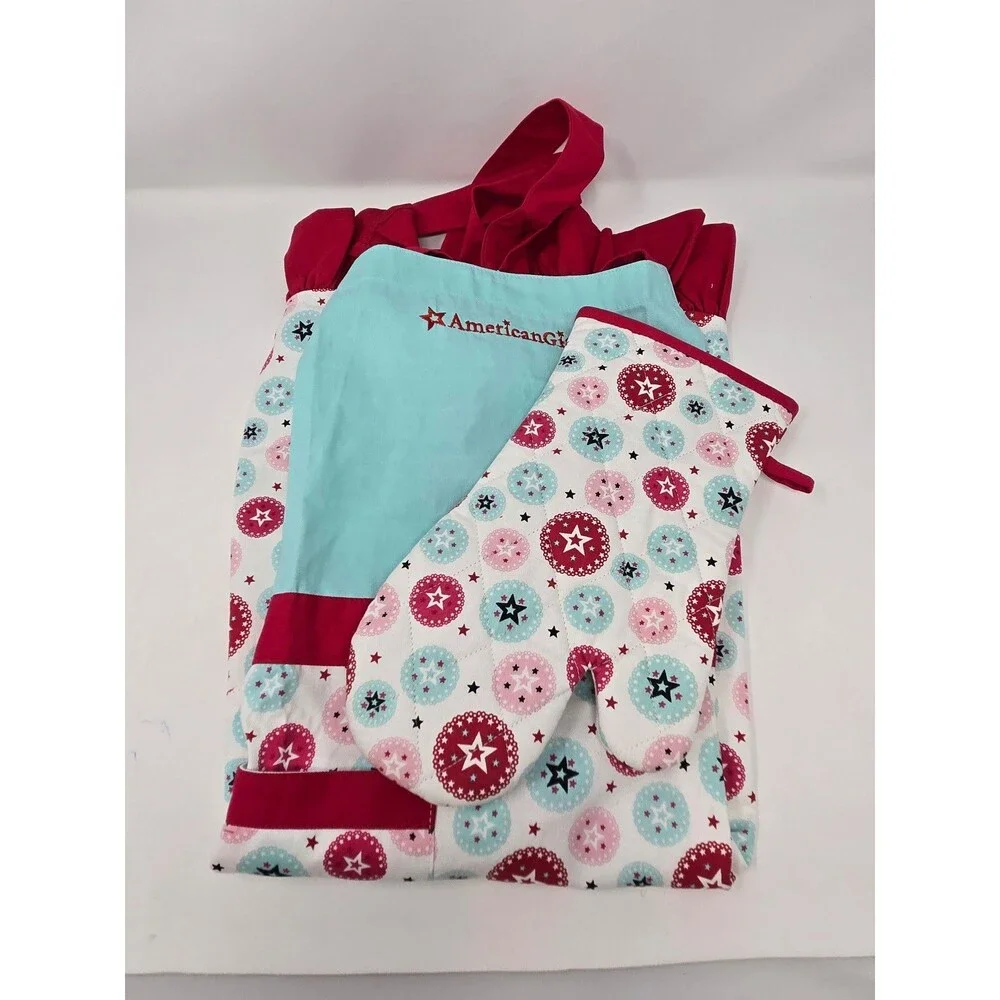 WILLIAMS SONOMA AMERICAN GIRL APRON OVEN MITT SET WOMEN OS TEAL RED KITCHEN 2015